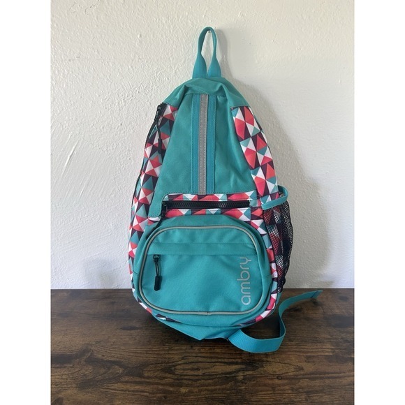 Ambry Sling Bag Crossbody Shoulder Purse Backpack Aqua Pink Diamond Print